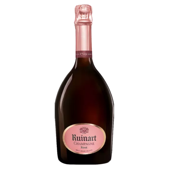 一瓶 Ruinart Brut Rosé 香槟 - 珊瑚色，标志性标签