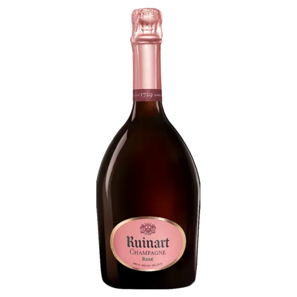 一瓶 Ruinart Brut Rosé 香槟 - 珊瑚色，标志性标签