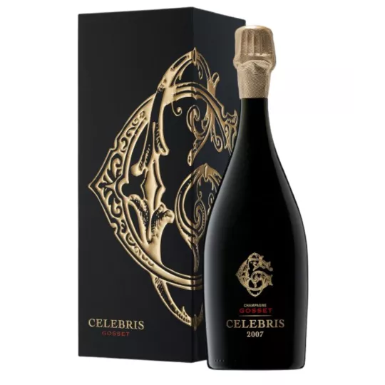 一瓶 Gosset Célébris Millésime 2008 Brut 香槟，正面，黑色和金色标签