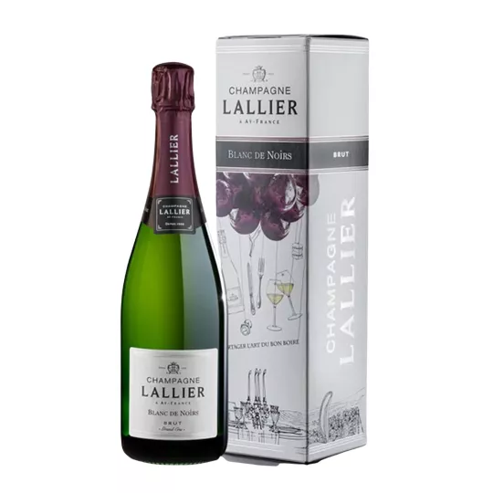 一瓶 Lallier Blanc de Noirs Brut Grand Cru 75cl 白标香槟，附带图文并茂的包装盒。