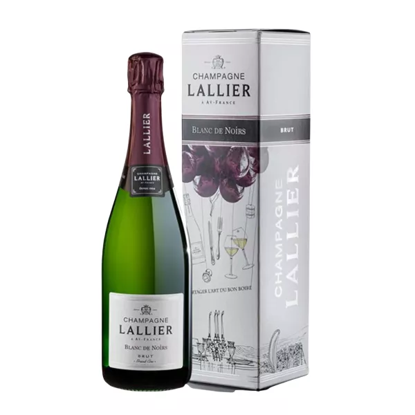 一瓶 Lallier Blanc de Noirs Brut Grand Cru 75cl 白标香槟，附带图文并茂的包装盒。