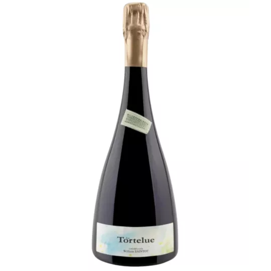 一瓶 William Saintot La Tortelue 香槟，白色标签，金色瓶盖，正面图
