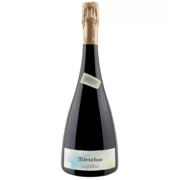一瓶 William Saintot La Tortelue 香槟，白色标签，金色瓶盖，正面图