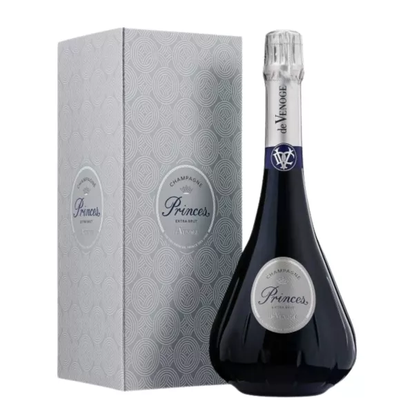 De Venoge Princes Extra Brut 香槟酒瓶，正面图，黑底银色标签