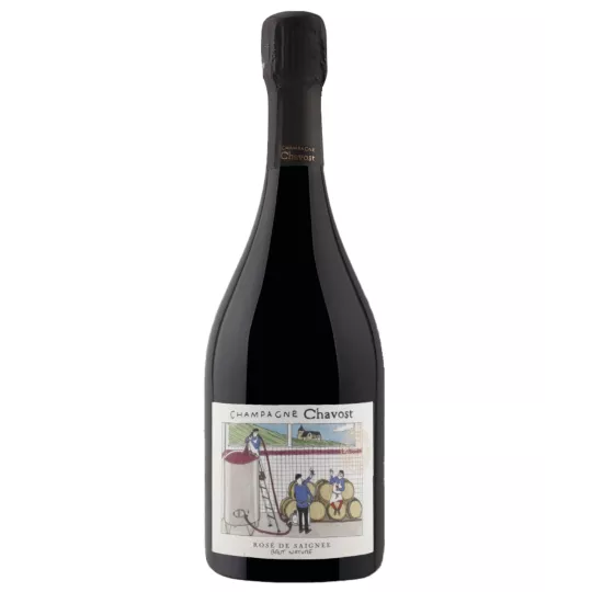 一瓶 Chavost Rosé de Saignée Brut Nature 香槟，正面图，图文并茂的标签