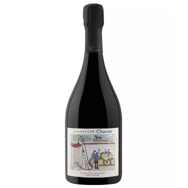 一瓶 Chavost Rosé de Saignée Brut Nature 香槟，正面图，图文并茂的标签