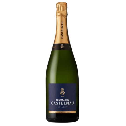 卡斯特诺特级香槟酒瓶，蓝色和金色标签，正面图