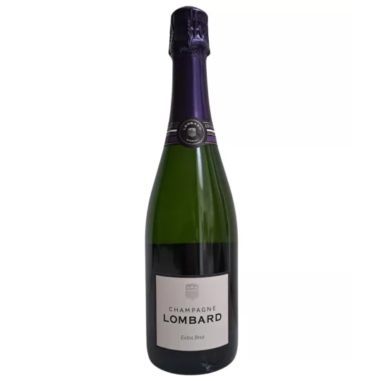 一瓶 Lombard Cuvée Signature Extra-Brut 香槟，紫色瓶盖，白色标签，正面图