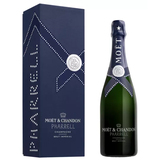 一瓶酩悦香槟 Brut Impérial Édition Pharrell Williams，正面视图，附专属包装盒