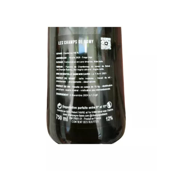 R. 香槟酒瓶的背面标签Faivre Les Champs de Romy - Blanc de Blancs Extra Brut