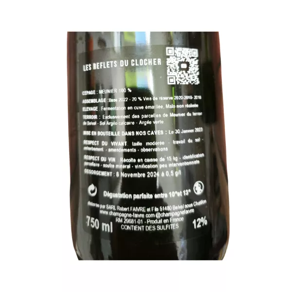 背面标签 香槟 R.Faivre Les Reflets du Clocher Extra Brut，白-黑标签，750 毫升。