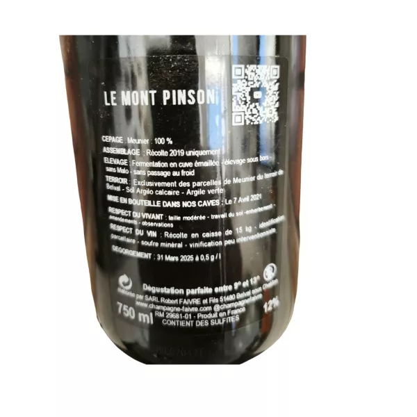 R. 香槟酒瓶背面标签Faivre Le Mont Pinson - 莫尼耶皮诺，粉红色，特级香槟。