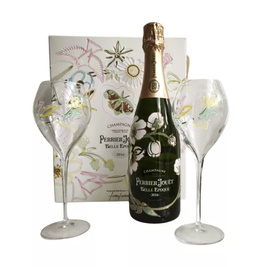 盒装 Perrier-Jouët Belle Époque 2016 香槟及 2 个优雅的酒杯 - 新艺术风格酒瓶和酒杯