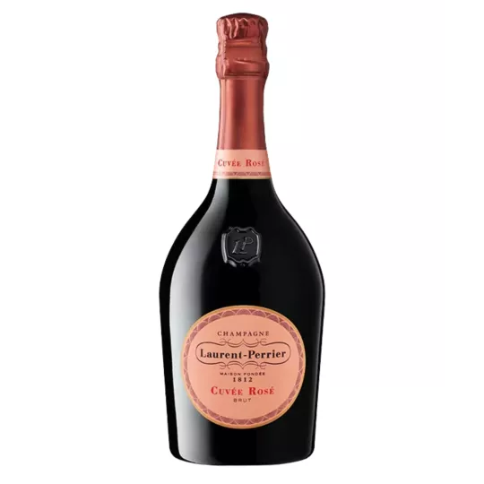 Laurent-Perrier Cuvée Rosé 香槟瓶，100% 黑皮诺酿造，具有新鲜红色水果香气与优雅风格。