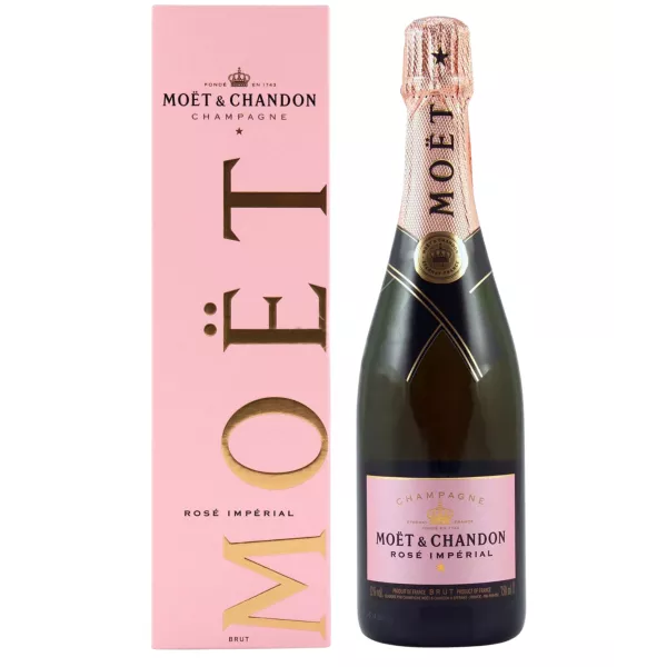 一瓶酩悦香槟（Champagne Moët & Chandon Rosé Impérial），正面图，粉红色标签和配套瓶盖
