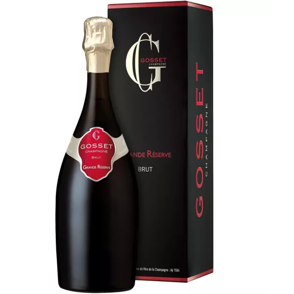 一瓶 Gosset Grande Réserve Brut 香槟，正面，独特的红色标签