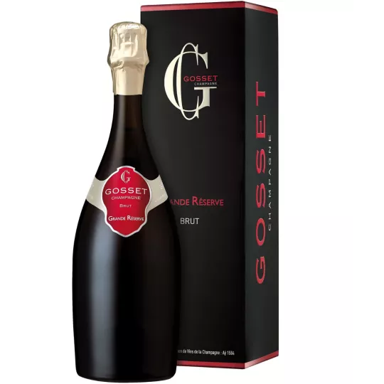 一瓶 Gosset Grande Réserve Brut Magnum 香槟，正面图，红色标签和金色瓶盖
