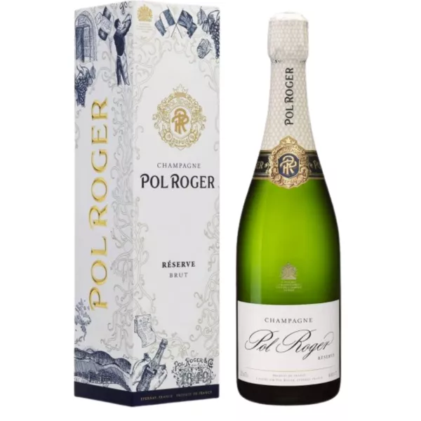 1.5 升 Pol Roger Réserve Brut Magnum 香槟，白色标签和金色瓶盖，正面图