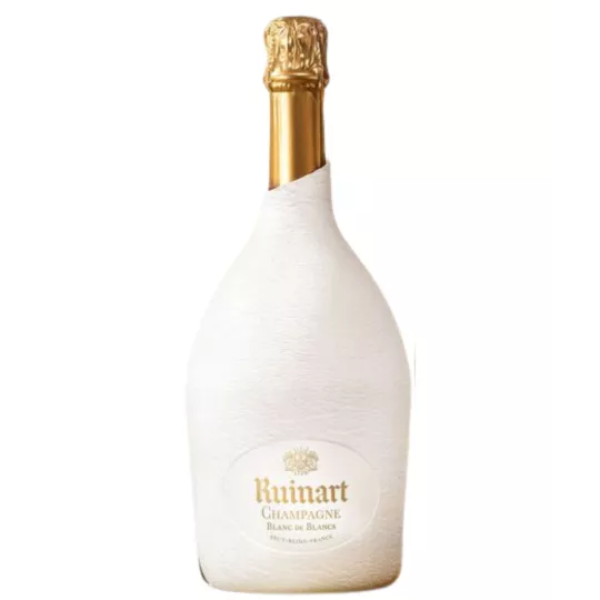 一瓶 Ruinart Blanc de Blancs 香槟，配白色 Seconde Peau 包装盒，正面图