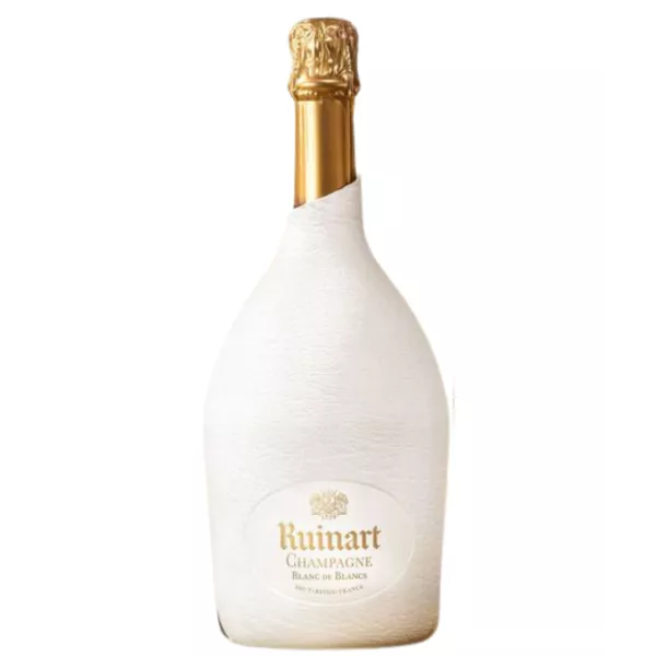 一瓶 Ruinart Blanc de Blancs 香槟，配白色 Seconde Peau 包装盒，正面图