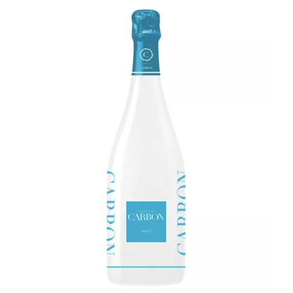 碳纤维日落香槟酒瓶，白色纹理饰面，正面图