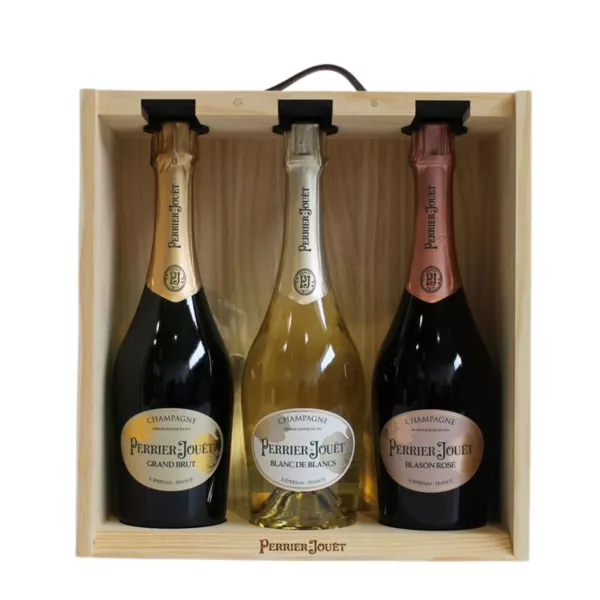 PERRIER-JOUËT champagne Gift Set 3 bottles, Grand Brut, Blanc de Blancs, Blason Rosé