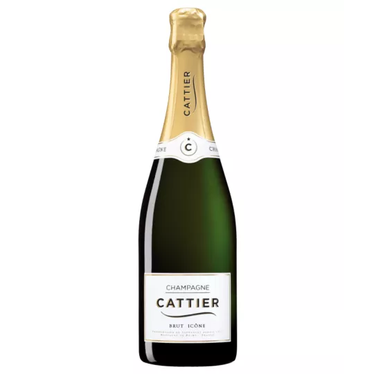 Champagne Cattier Brut Icône Tradition - Elegant bottle with sparkling bubbles.