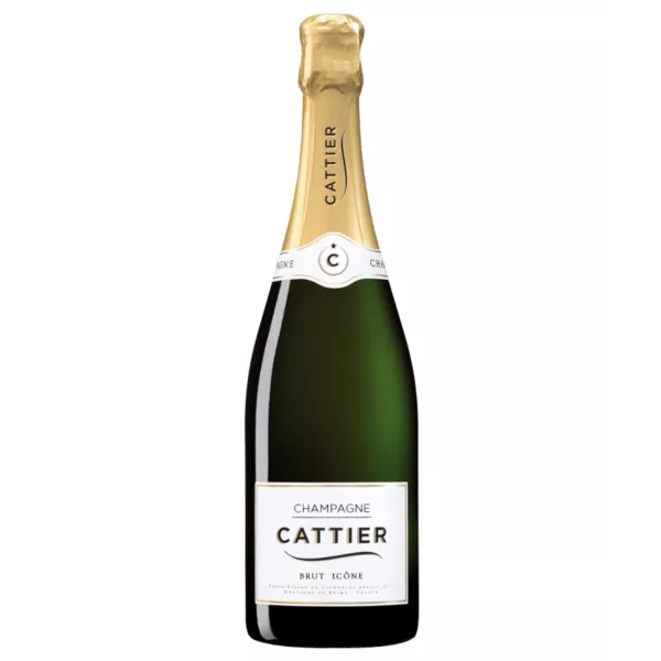 Champagne Cattier Brut Icône Tradition - Elegant bottle with sparkling bubbles.